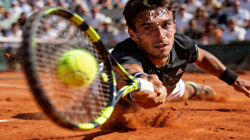 法国网球公开赛红土场上运动员奋力击球的特写镜头