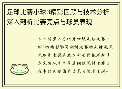 足球比赛小球3精彩回顾与技术分析 深入剖析比赛亮点与球员表现