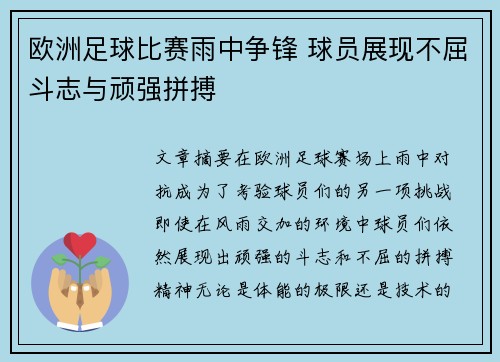 欧洲足球比赛雨中争锋 球员展现不屈斗志与顽强拼搏